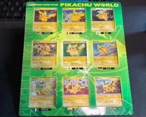 Rare Pikachu cards from Pokémon World Collection in multiple languages displayed together