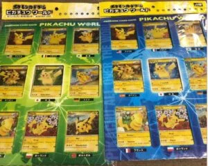 Pikachu card comparing Green Version and Regular Blue Version attack stats and energy mechanics