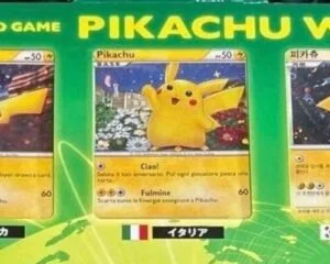 Pikachu World Collection cards displayed featuring nine language versions of the iconic Pokemon character