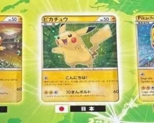 Pikachu World Collection Green Version card compared to Regular Version Blue trading card