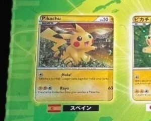 Nine Pikachu cards in different languages displayed in a row for Pokémon Pikachu World Collection
