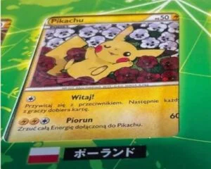 Pokémon Pikachu World Collection card illustrated by Atsuko Nishida featuring multilingual text variants