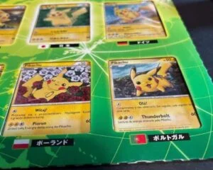 Portuguese Pokémon Pikachu World Collection card with green and red flag colors in realistic background design