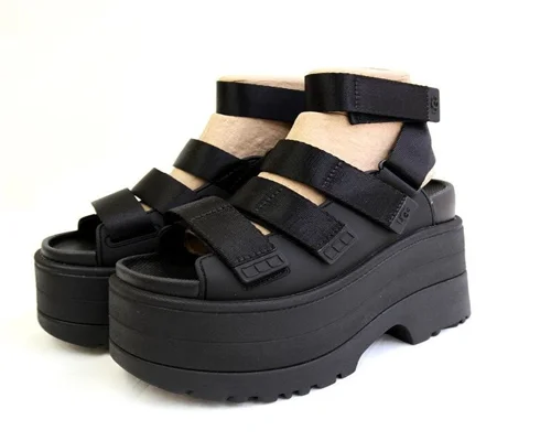 UGG GOLDENRISE platform sandal in black, front view