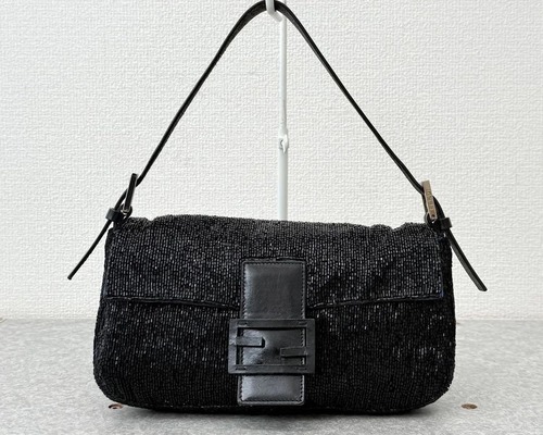 FENDI Mamma Baguette beaded handbag in black, front view