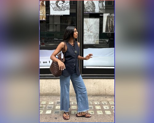 Outfit with a vest and wide-leg denim