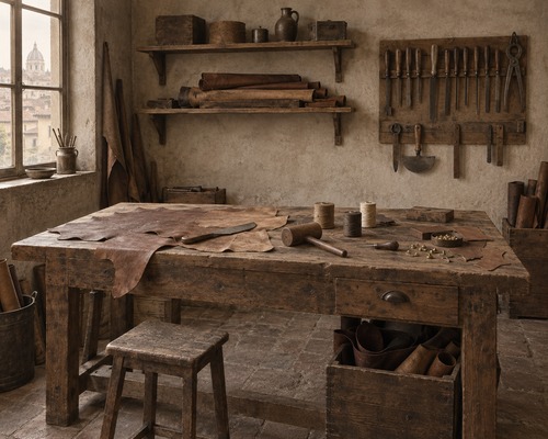 Illustrative image of a leather goods workshop in 1920s Rome