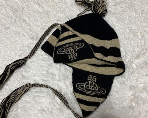 Vivienne Westwood earflap knit hat in black and beige