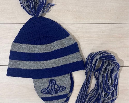 Vivienne Westwood earflap knit hat in blue and gray