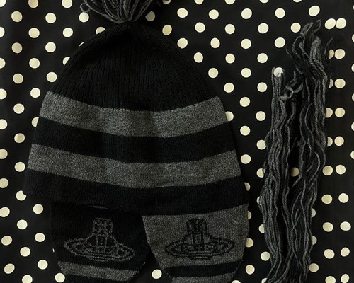 Vivienne Westwood earflap knit hat in black and gray