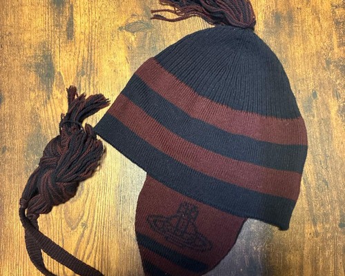 Vivienne Westwood earflap knit hat in navy and burgundy